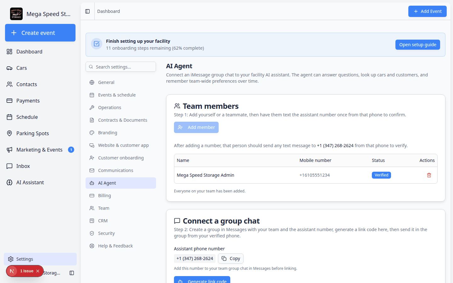 Connect a group chat section showing assistant phone number and Generate link code button