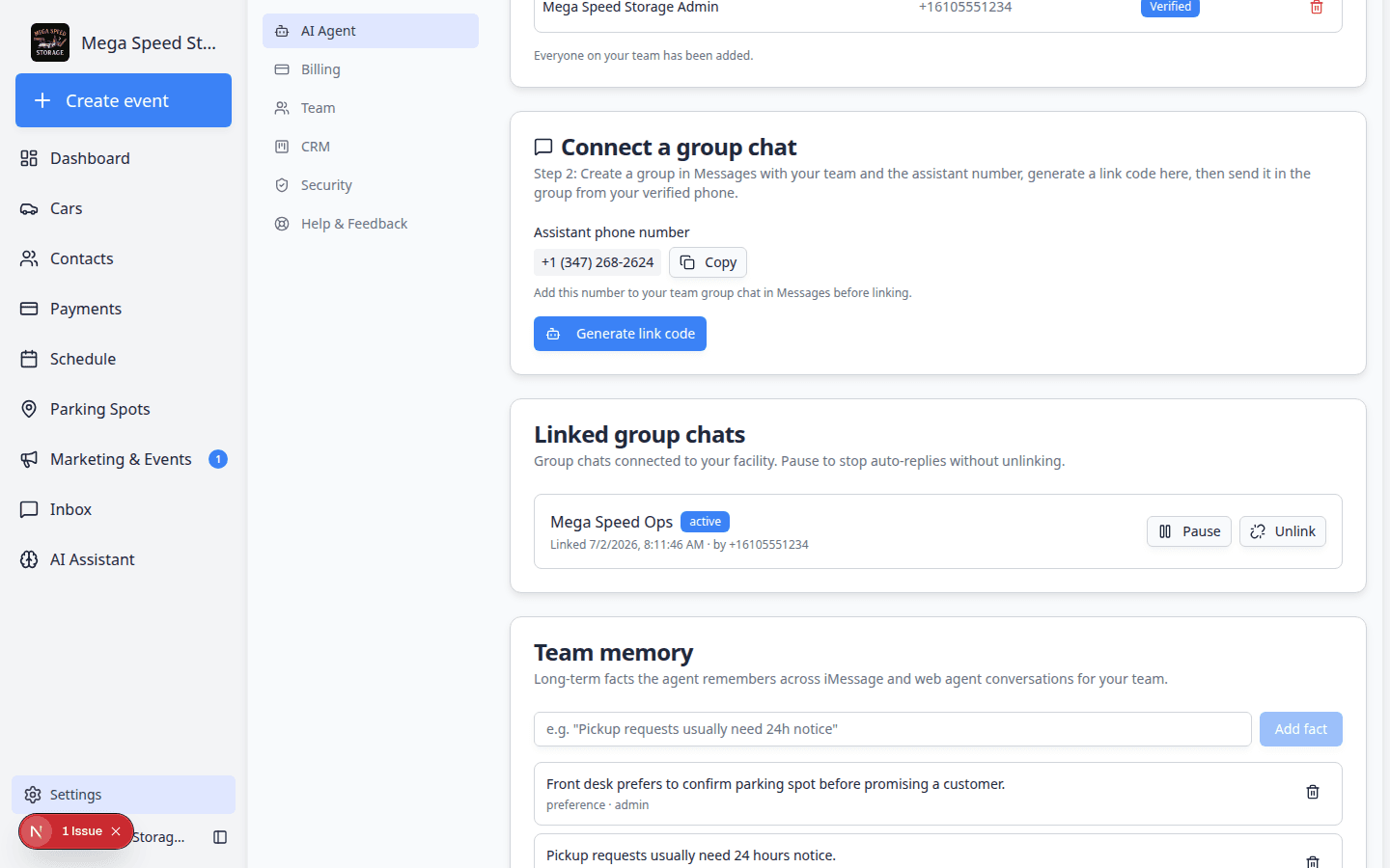 Linked group chats section showing an active team group with Pause and Unlink buttons