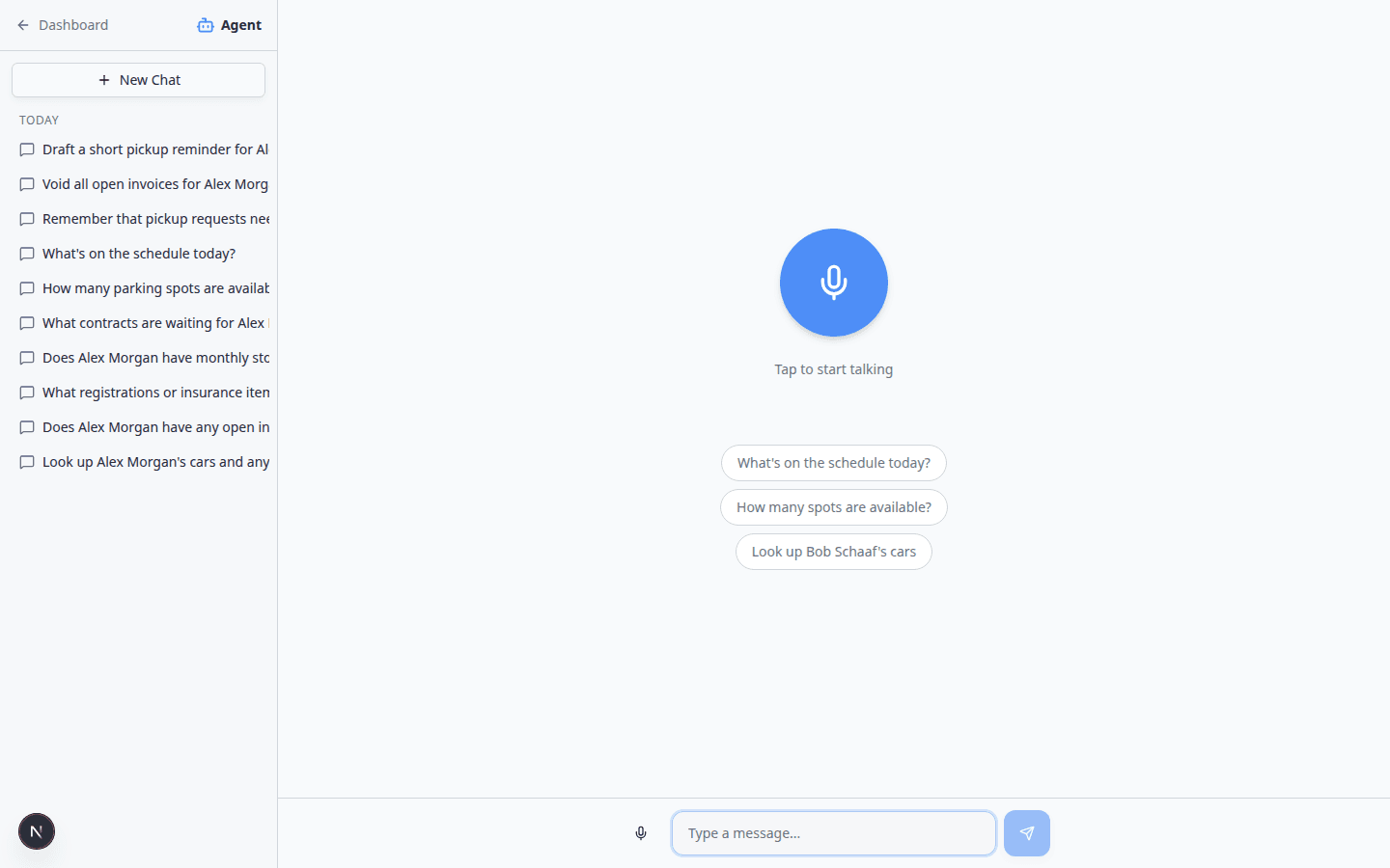 AI Assistant with the left sidebar showing New Chat and recent conversations grouped under Today