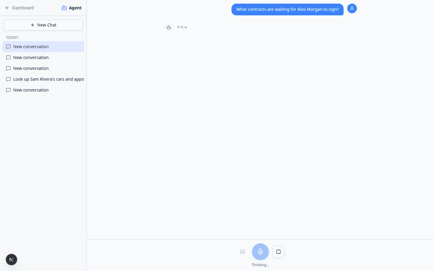 AI Assistant listing contracts waiting for Alex Morgan to sign