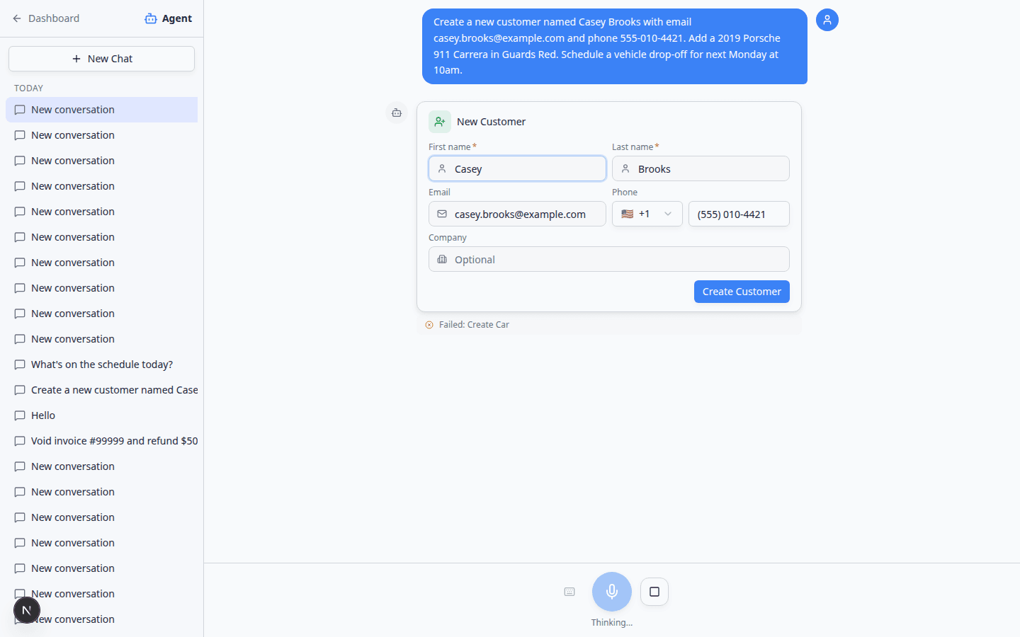 AI Assistant proposal cards with an edited customer first name and Confirm All button