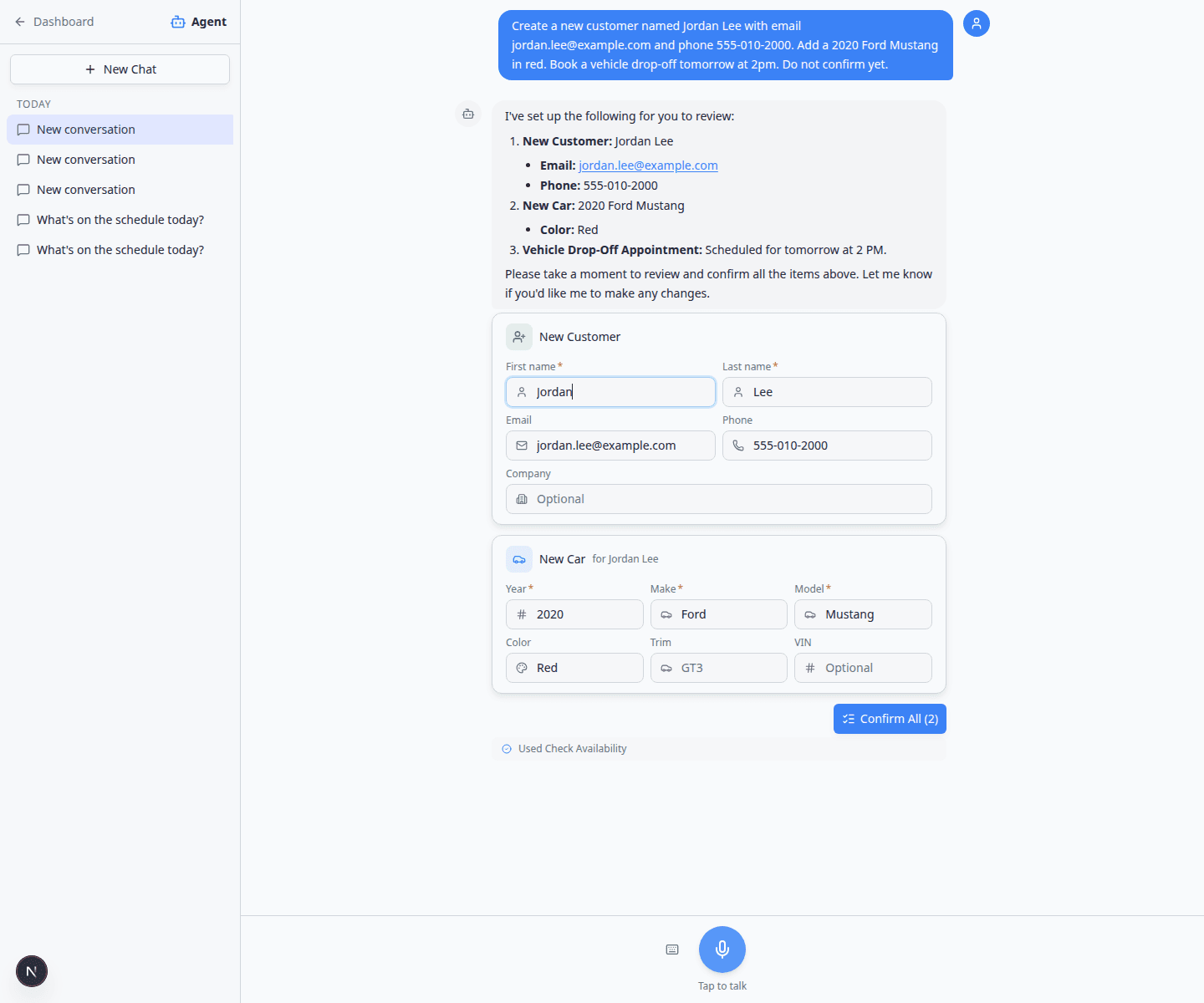 AI Assistant proposal cards with an edited customer first name and Confirm All button