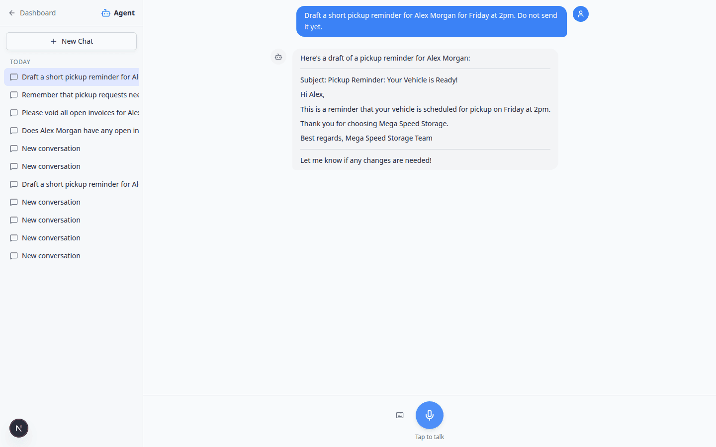 AI Assistant chat showing a drafted pickup reminder with customer name, date, and time