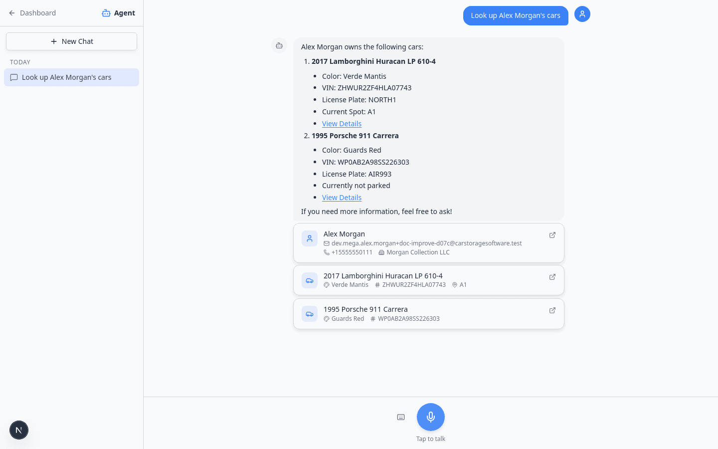AI Assistant conversation showing vehicles linked to a customer lookup