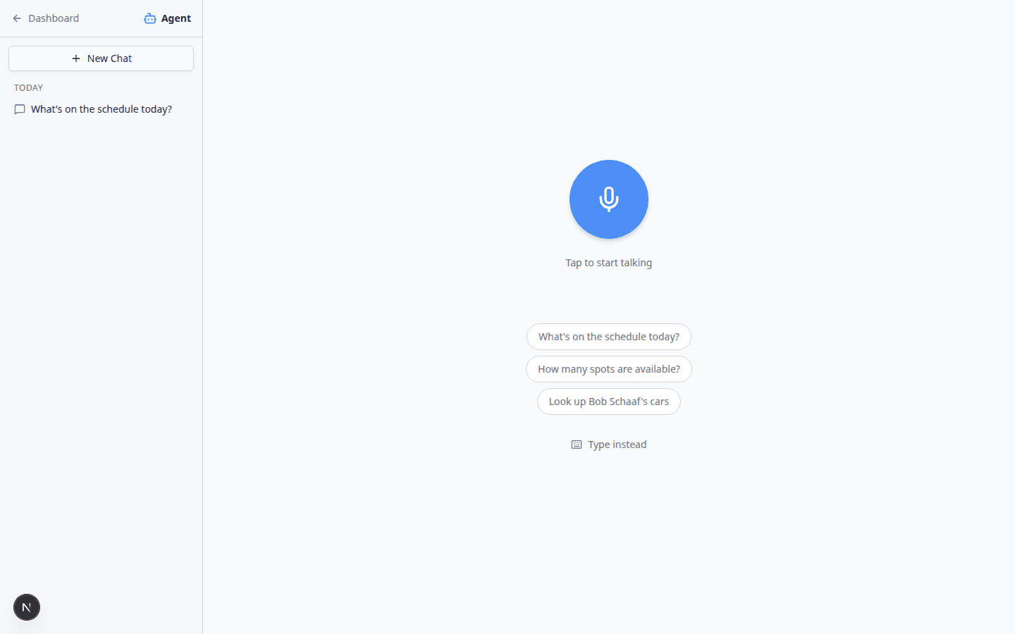 AI Assistant start screen with microphone, suggested questions, and Type instead