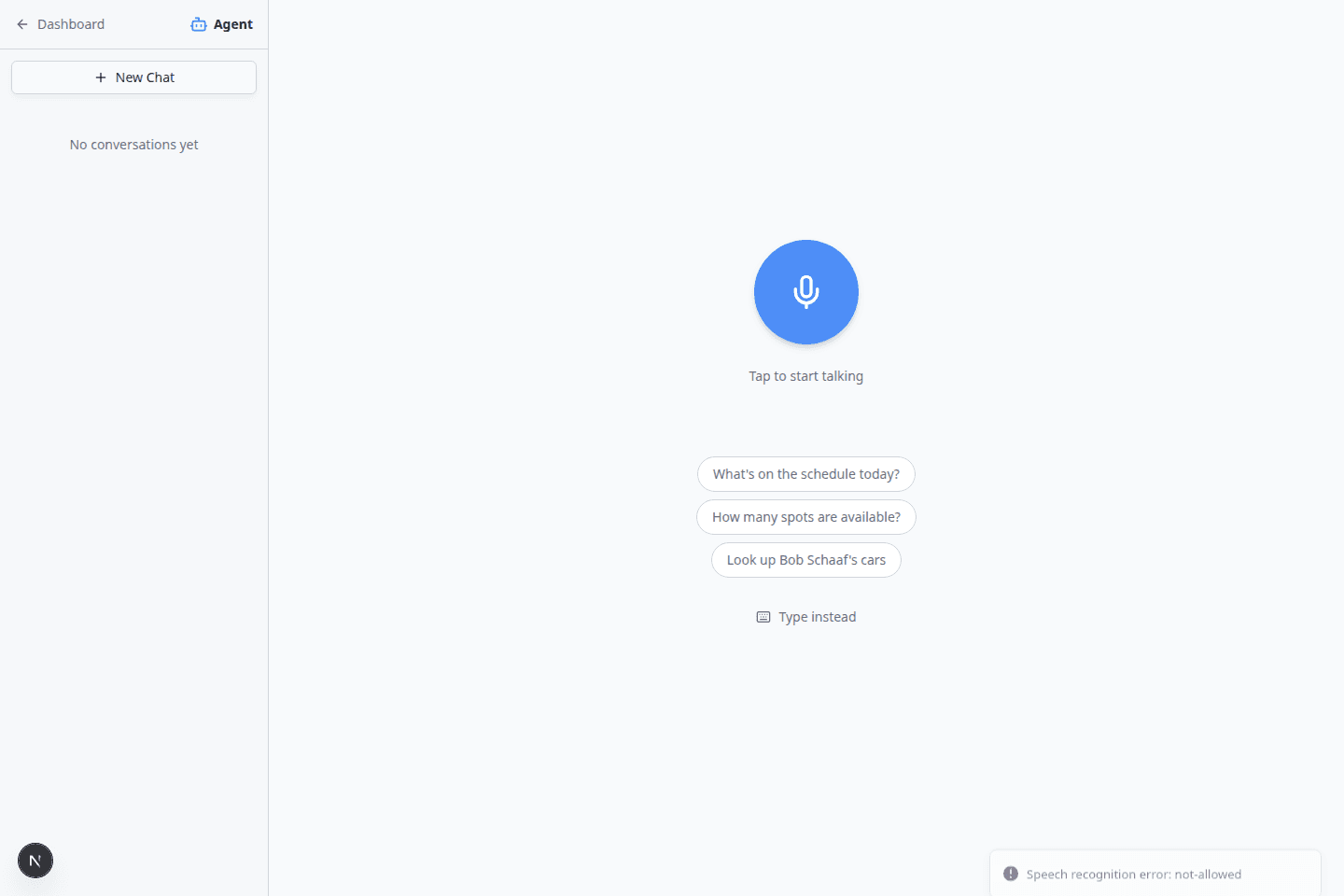 AI Assistant start screen with suggested questions and a Type instead option