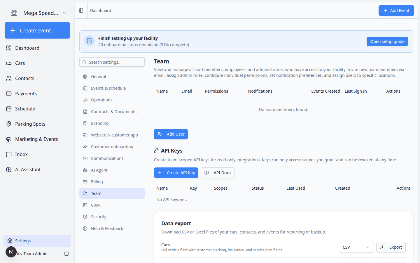 Settings Team page showing team members and permission checkboxes including AI Assistant