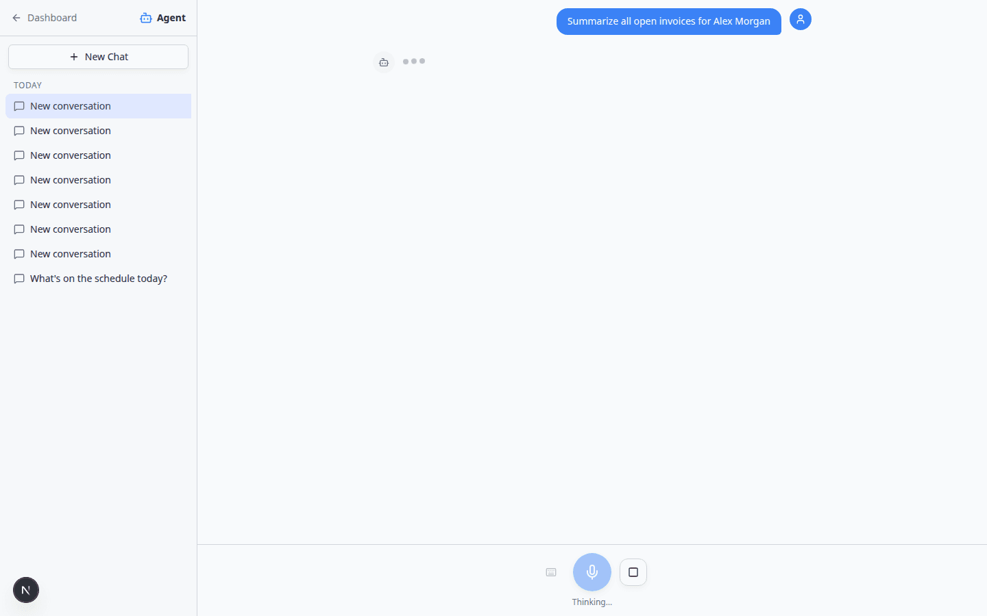 AI Assistant showing Thinking status with a stop button near the message area