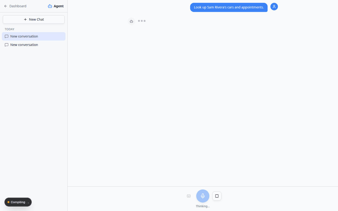 AI Assistant chat showing animated thinking dots with a stop button near the bottom input area