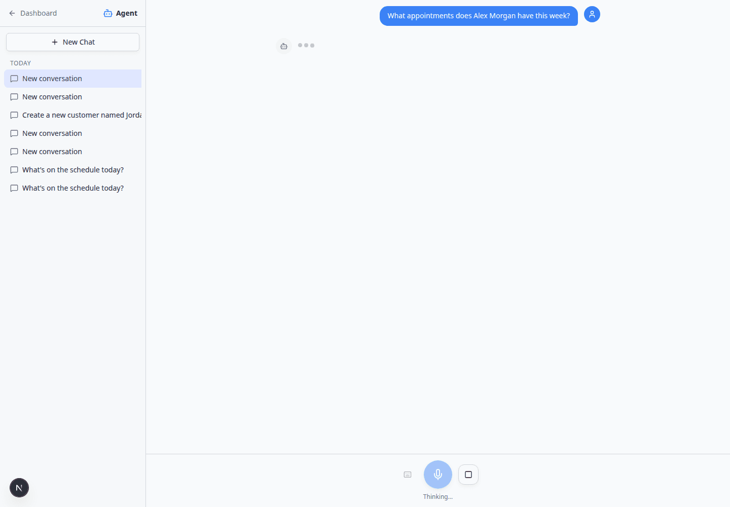 AI Assistant chat showing Thinking status with stop button near the microphone