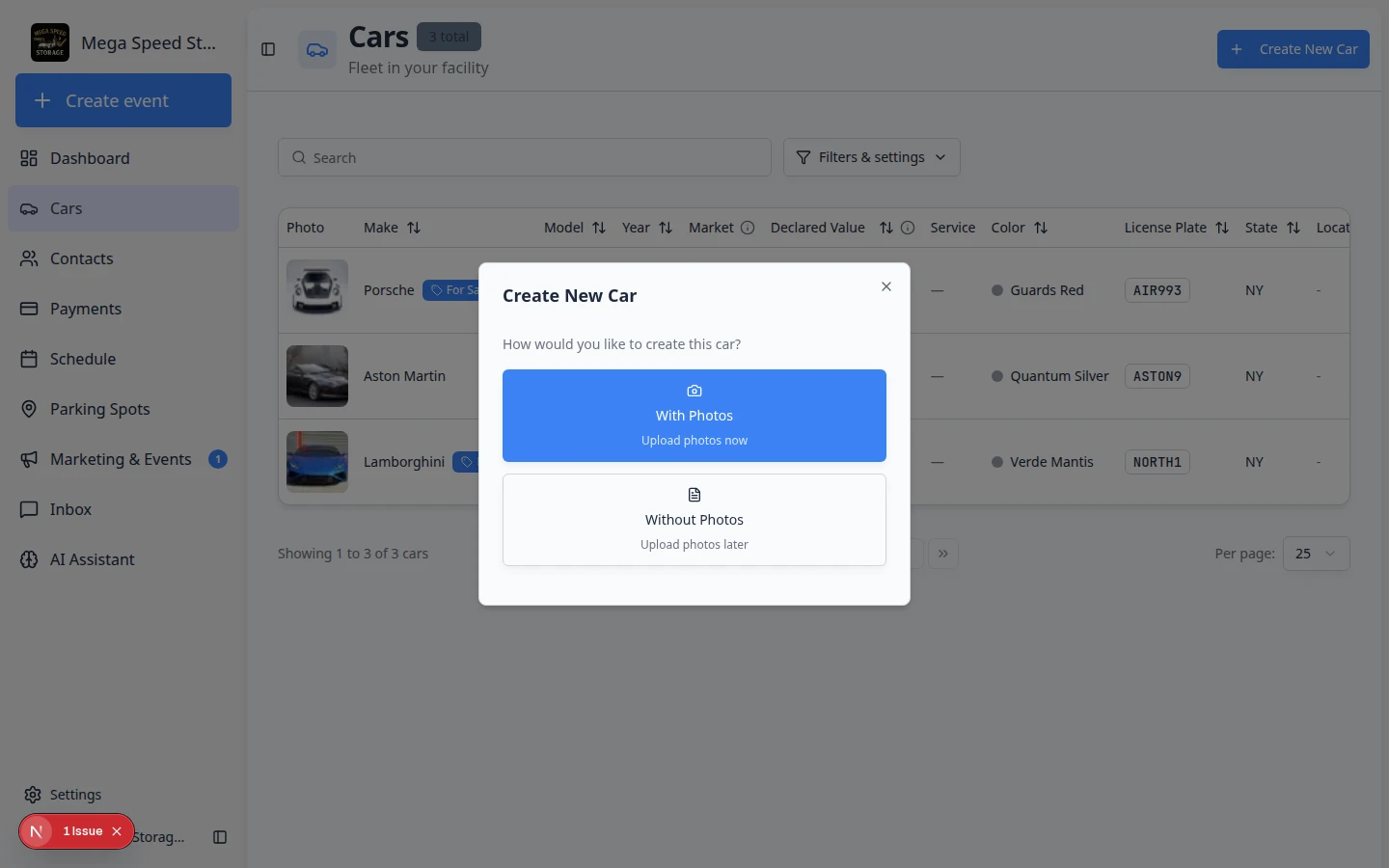 Create New Car dialog or first step of the car creation flow showing vehicle fields and customer connection