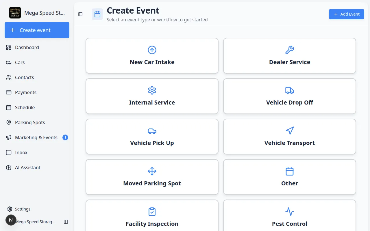 Create event home page showing Mega Speed Storage in the sidebar and a grid of event type cards such as Vehicle Drop Off and Vehicle Pick Up