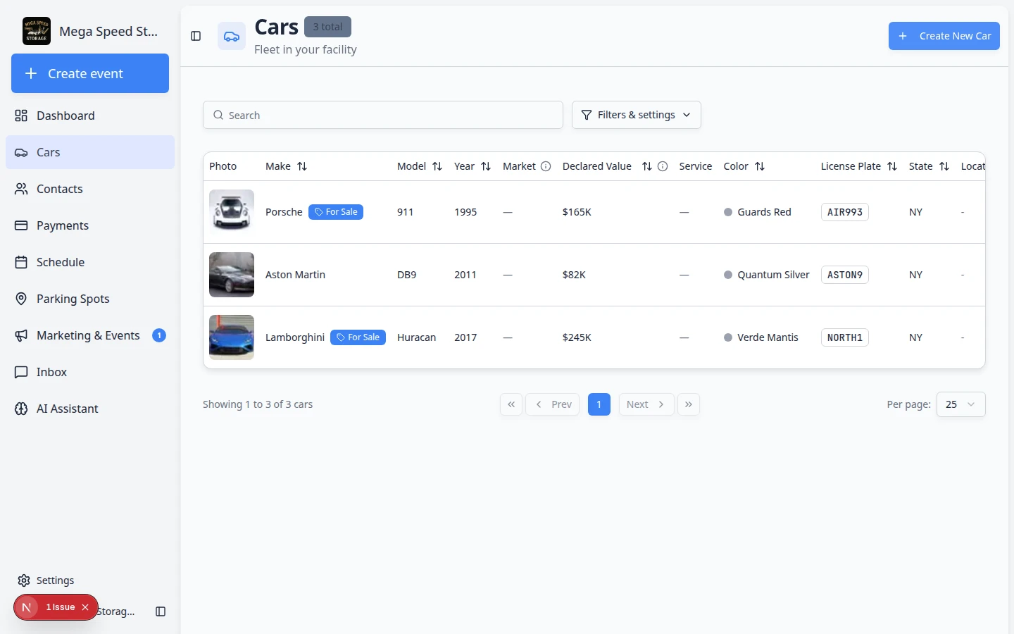 Cars page showing a table of vehicles with search, filters, and Create New Car button