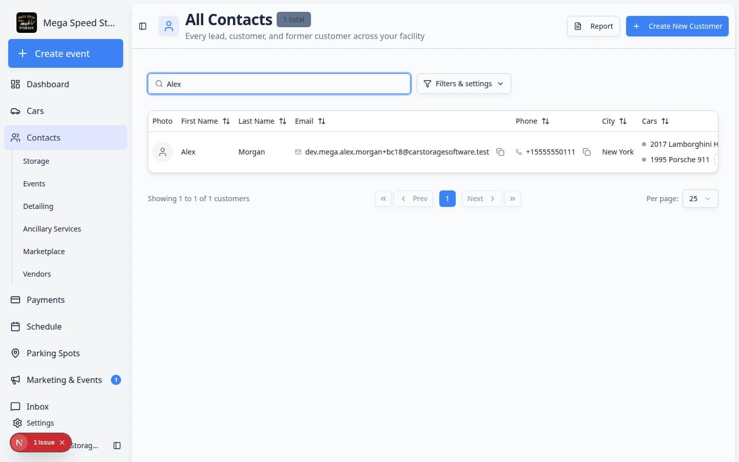 Contacts page with search box filled in showing matching customer results before creating a new record