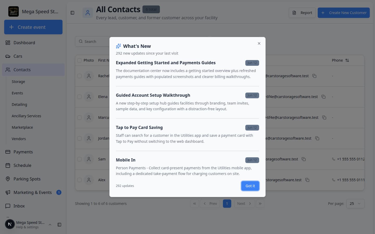Contacts page search box with James typed in and filtered customer rows listed below
