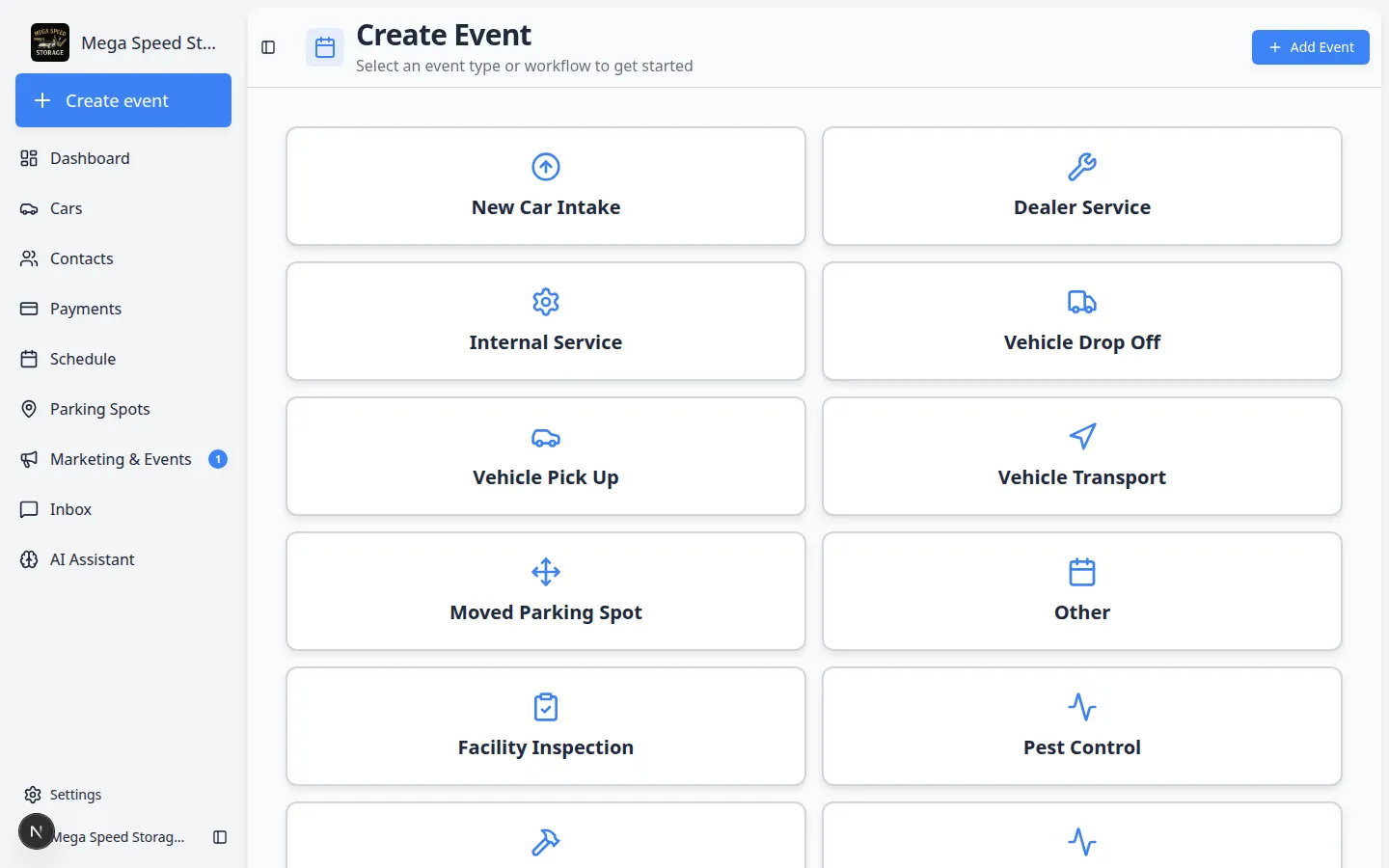 Create event page showing a grid of large event type cards such as Vehicle Drop Off, Dealer Service, and Vehicle Pick Up