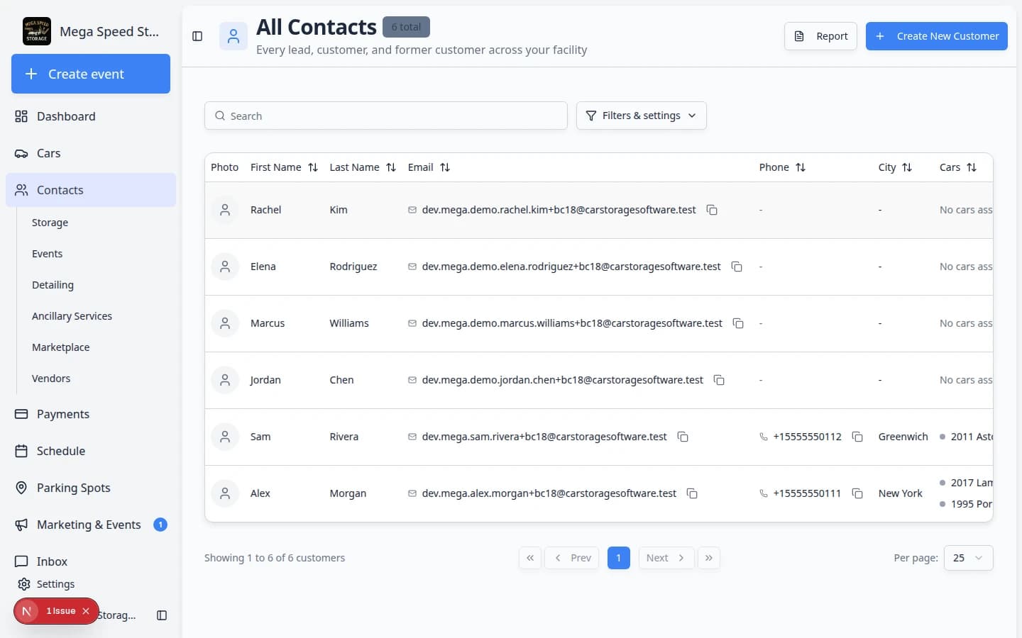 Customer detail page showing contact information and a Customer's Cars section with linked vehicles