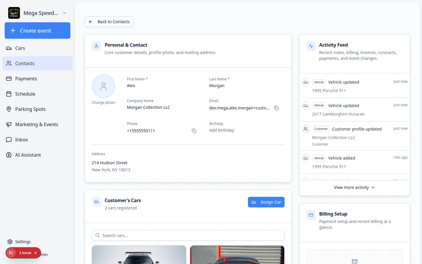 Customer detail page showing contact information and a Customer's Cars section with linked vehicles