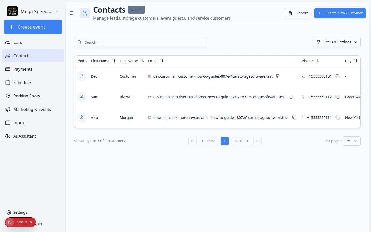 Contacts page showing customer rows with name, email, phone, and CRM information