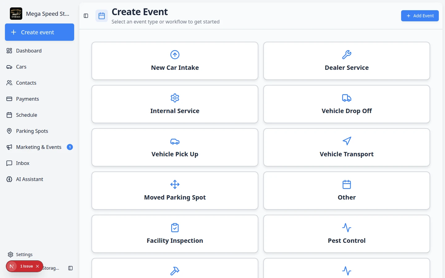 Create event home page showing workflow cards and sidebar navigation