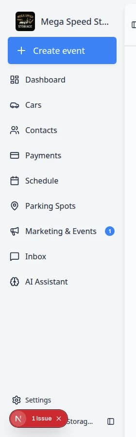 Dashboard sidebar showing Create event button at top plus Dashboard Beta, Cars, Contacts, Schedule, Payments, Parking Spots, Marketing and Events, Inbox, AI Assistant, and Settings