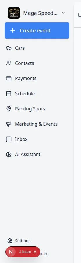Close-up of the dashboard sidebar listing Cars, Contacts, Schedule, Payments, Parking Spots, Marketing and Events, Inbox, AI Assistant, and Settings