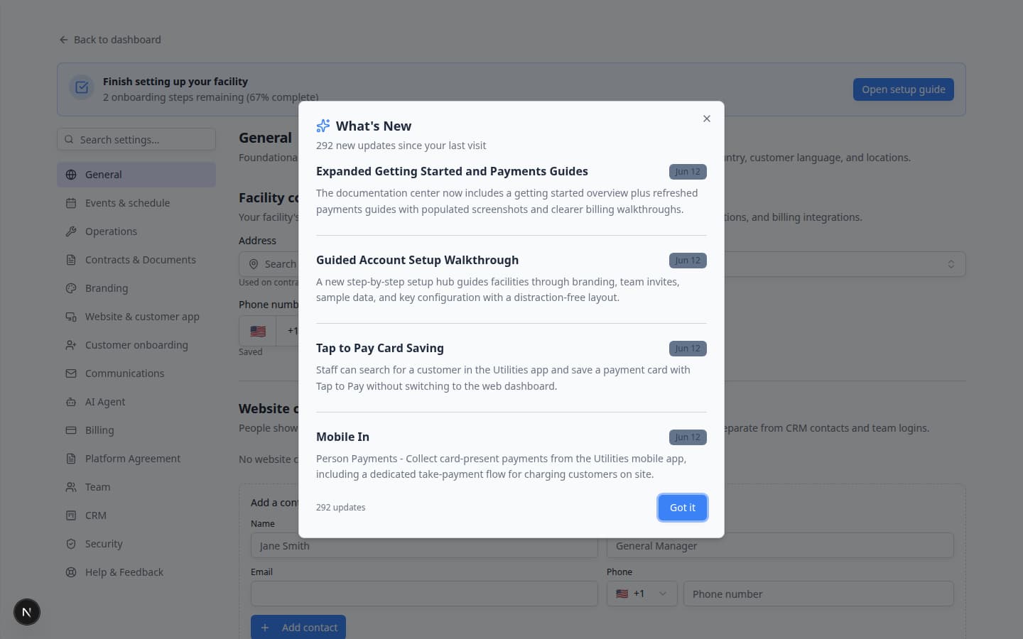 Settings page showing a menu of facility configuration options including Branding, General, Website, Team, and Billing