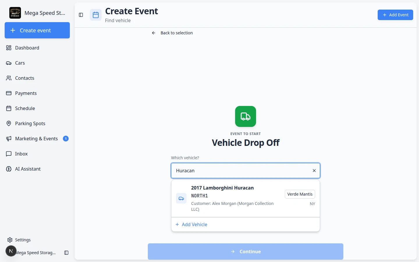 Create event search showing Huracan vehicle results in the dropdown after typing in the search field