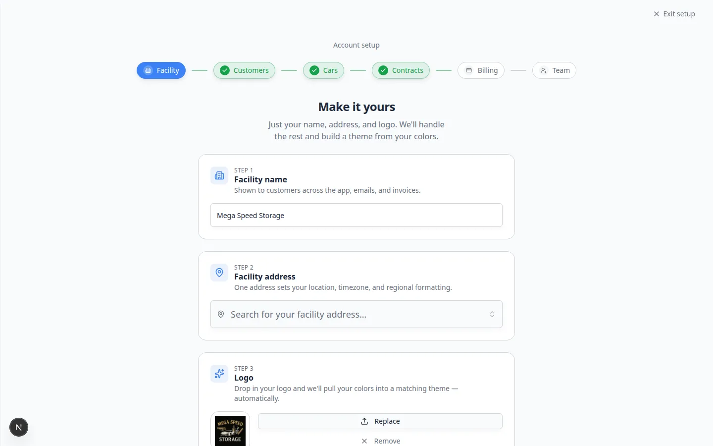 Onboarding wizard Facility step showing facility name field, address search, and logo upload area