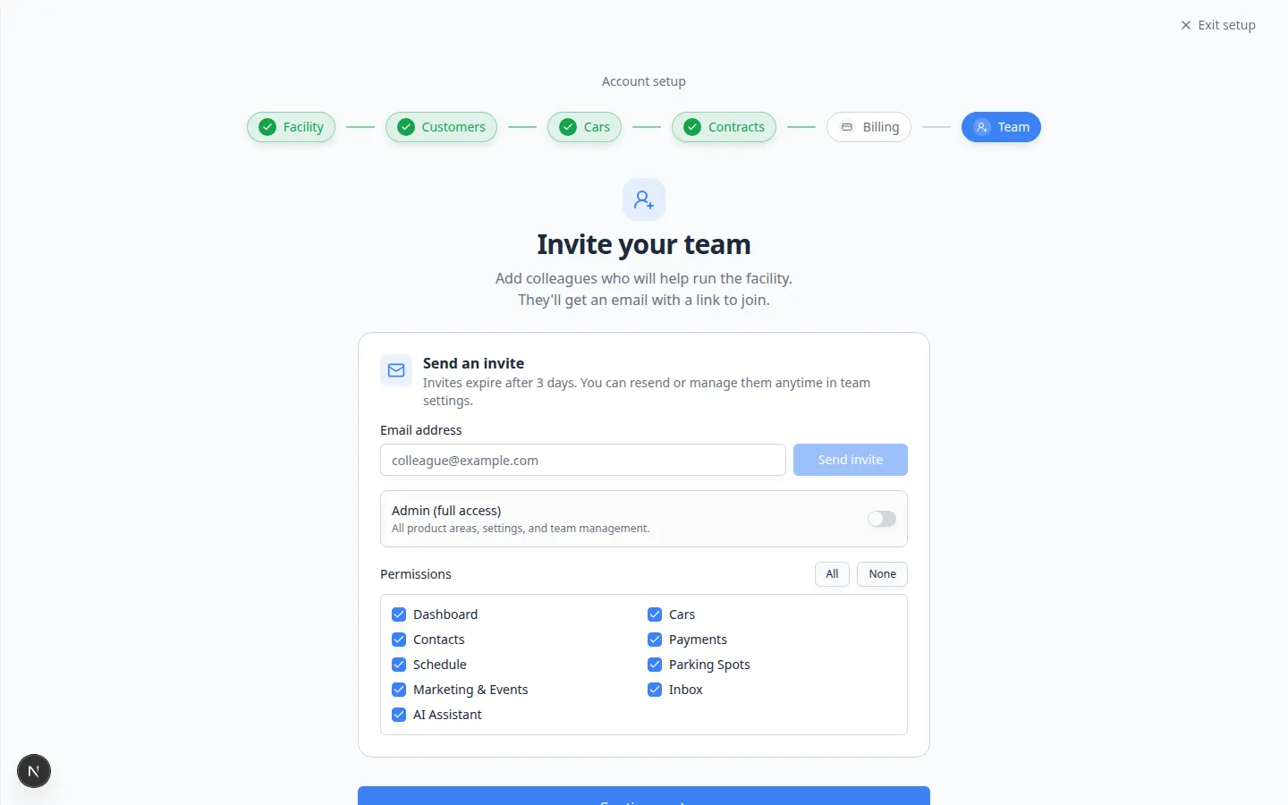 Onboarding wizard Team step showing email invite form and pending invites list