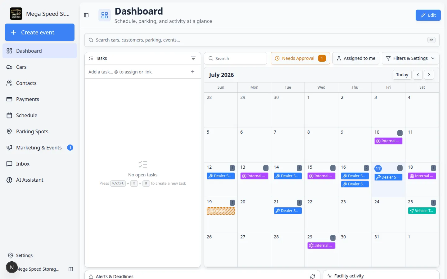 Dashboard beta page with widget panels alongside the sidebar showing Create event and Dashboard menu items