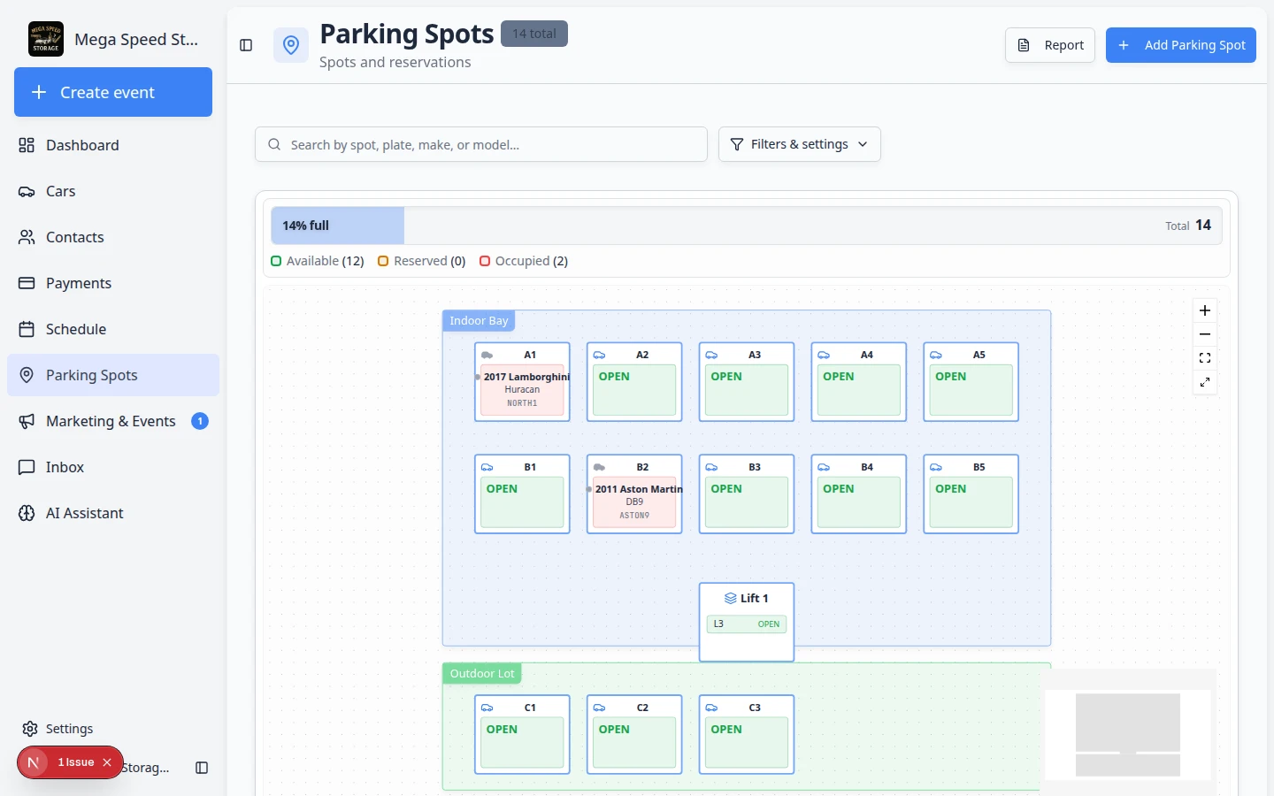 Parking Spots page showing facility floor plan or parking layout with assigned vehicles