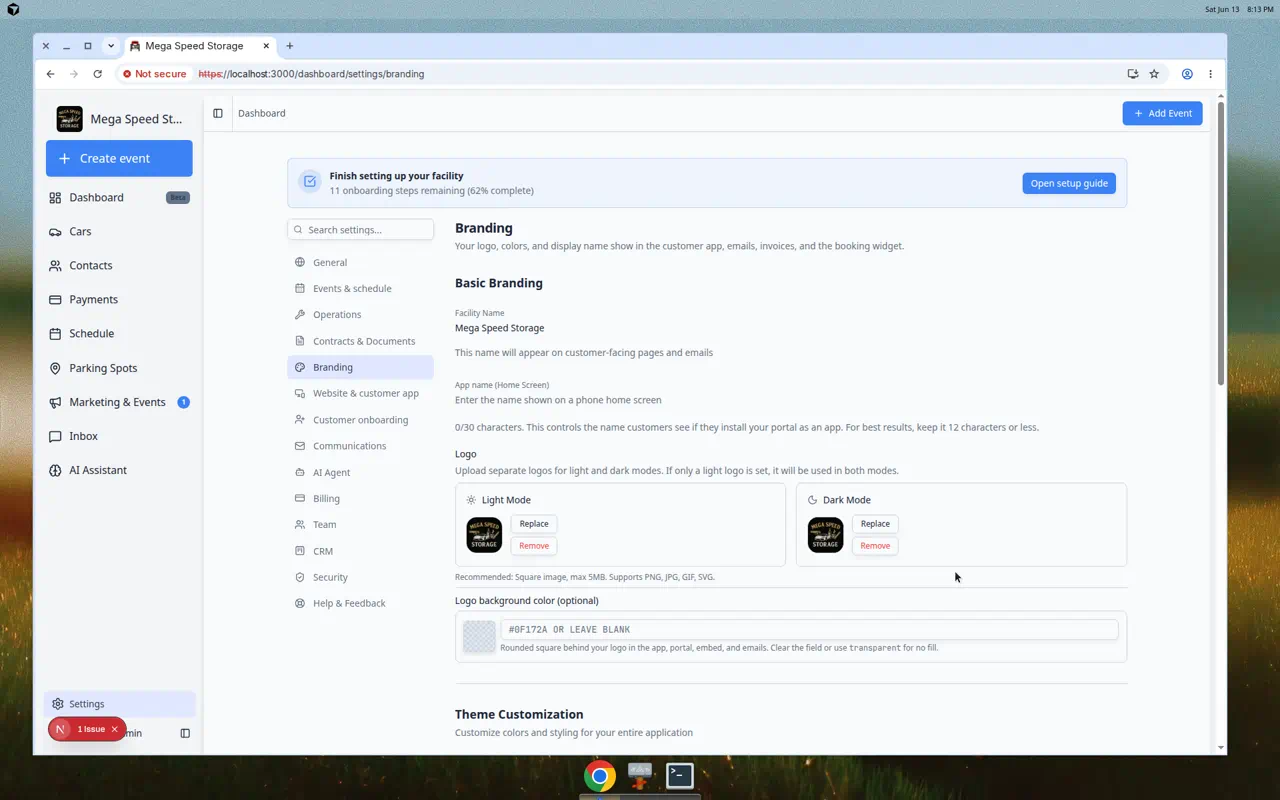Branding settings page opened from a Setup Guide Set up button, showing facility name and logo upload fields