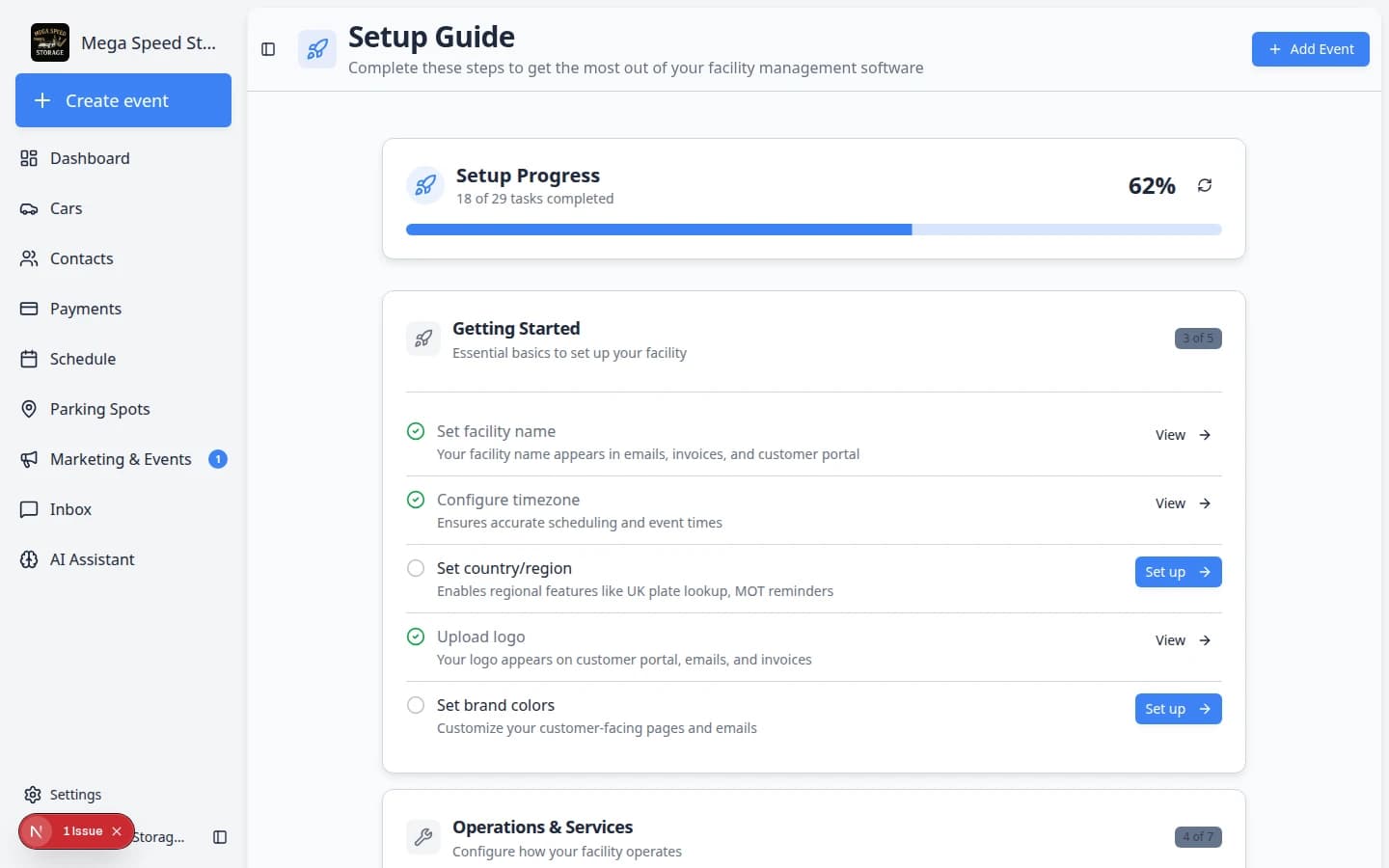 Setup Guide showing setup sections with individual tasks and Set up buttons on the right