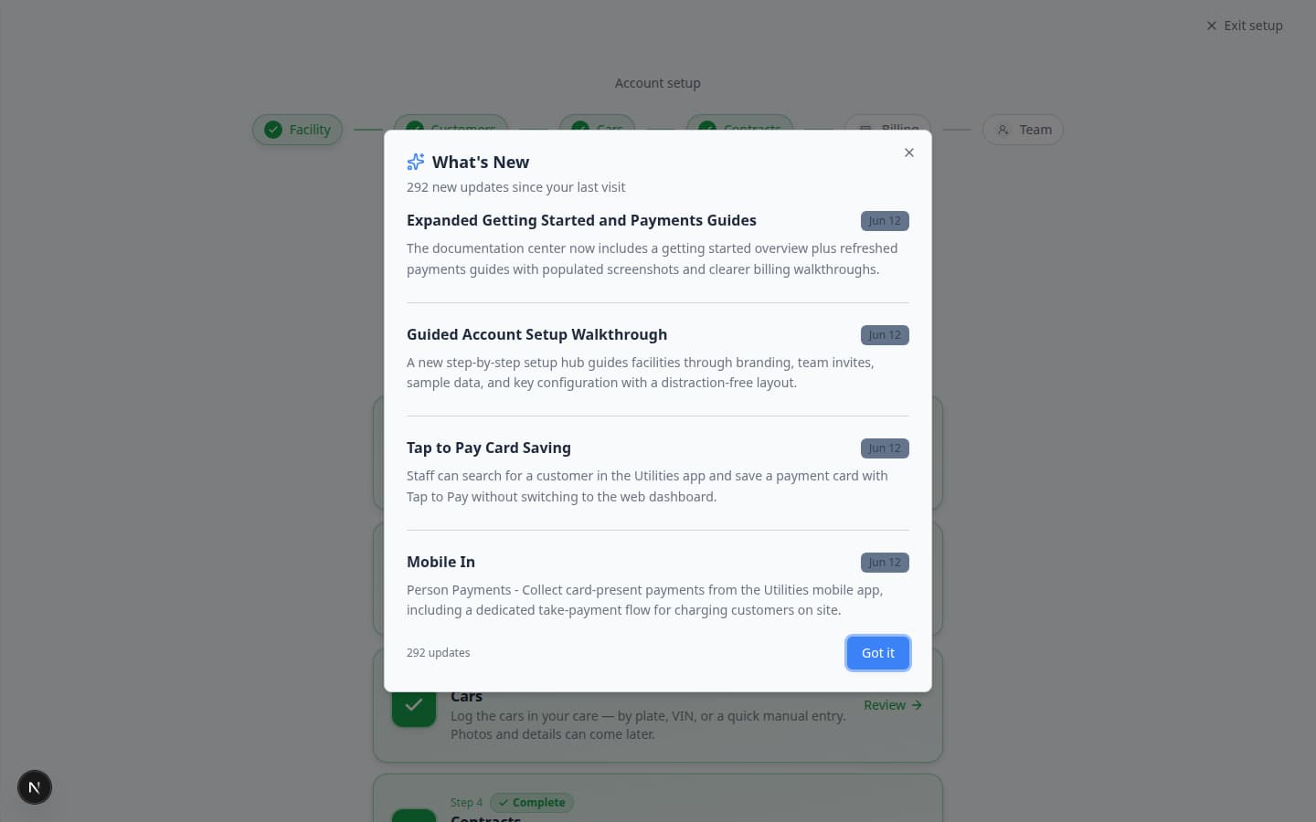 Setup Guide page titled Let's set up your account with six setup step cards