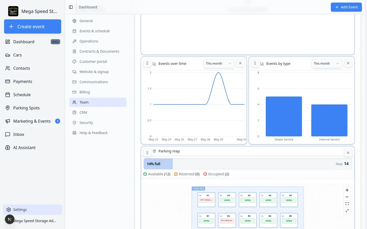 Settings Team page showing Default dashboard layout section with widget grid preview