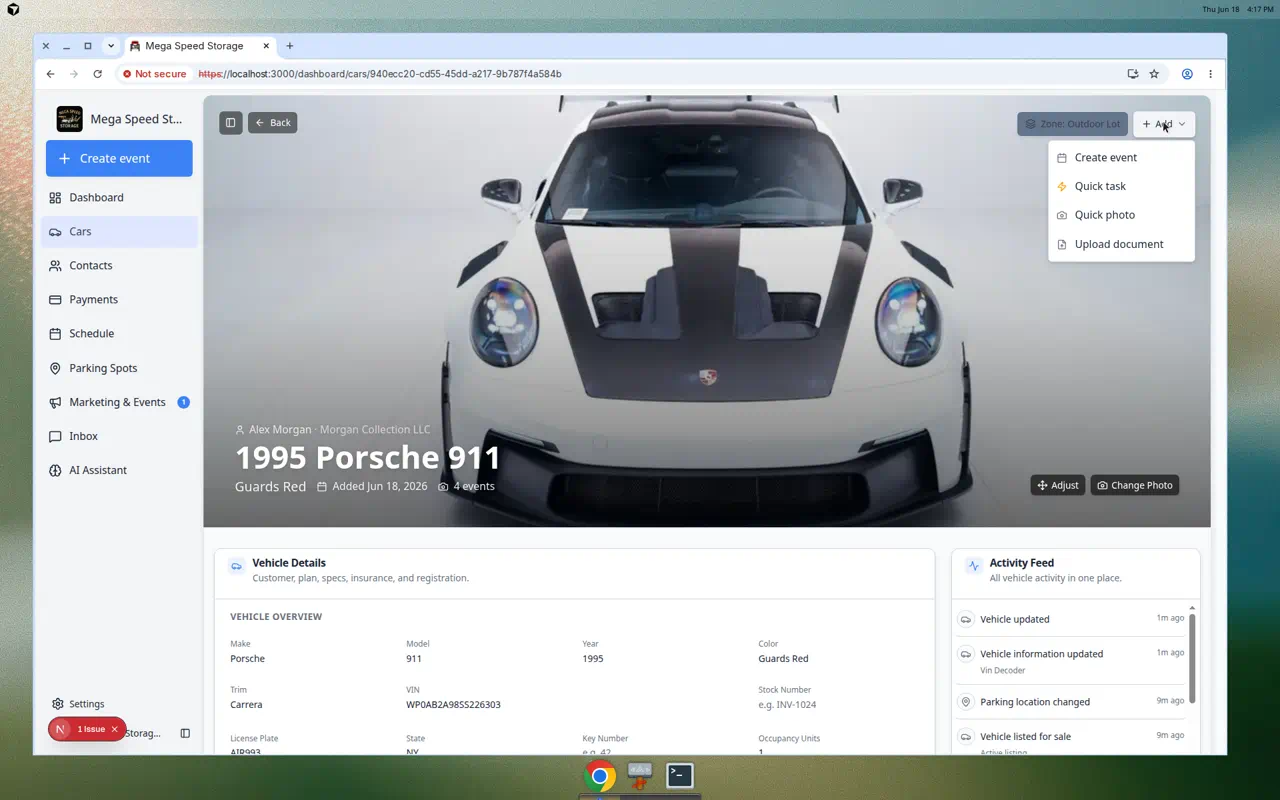 Add menu on a car detail page showing Create event, Quick task, Quick photo, and Upload document