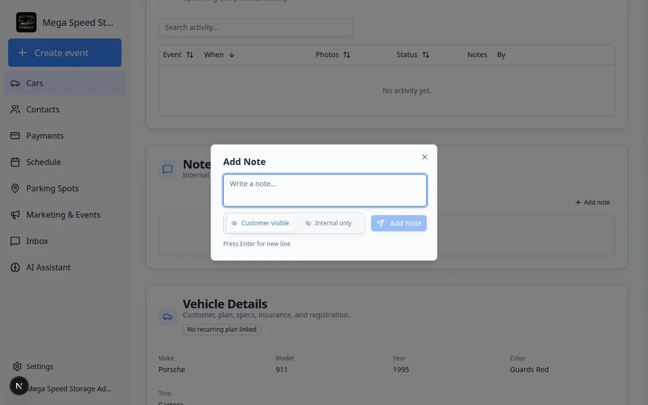 Add note dialog on a car record with a text field to enter an internal team note