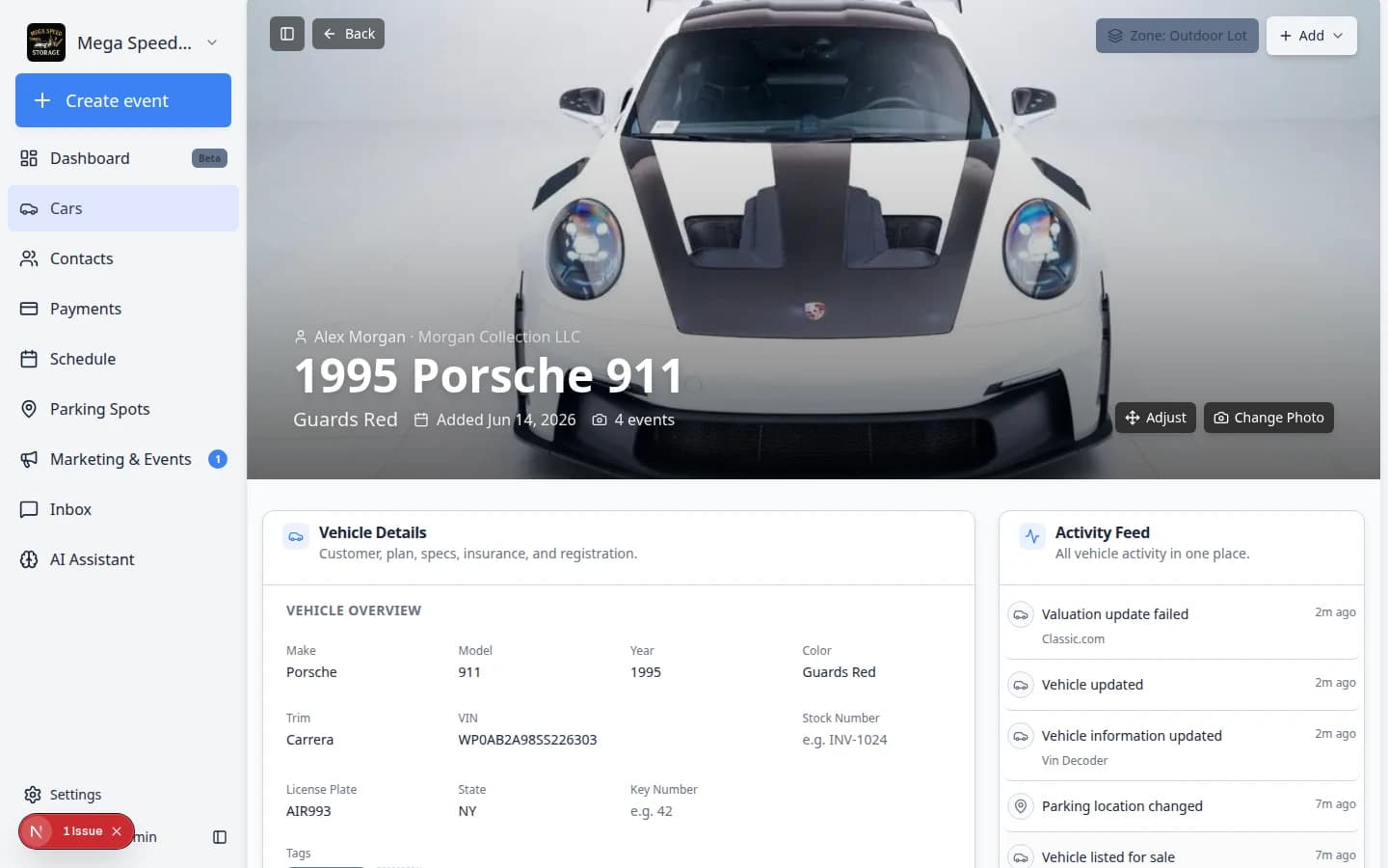Editable Vehicle Details fields on a car record in the Vehicle Overview section