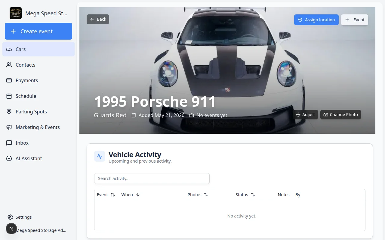 Car detail page header with Assign location and Event buttons highlighted