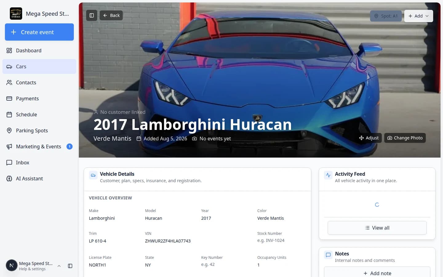 Car detail page showing the header banner, Vehicle Details section, and Activity Feed on the right