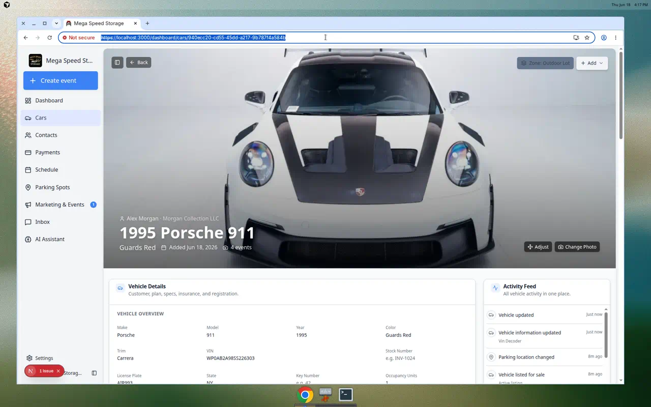 Car detail page showing the header banner, Vehicle Details section, and Activity Feed on the right