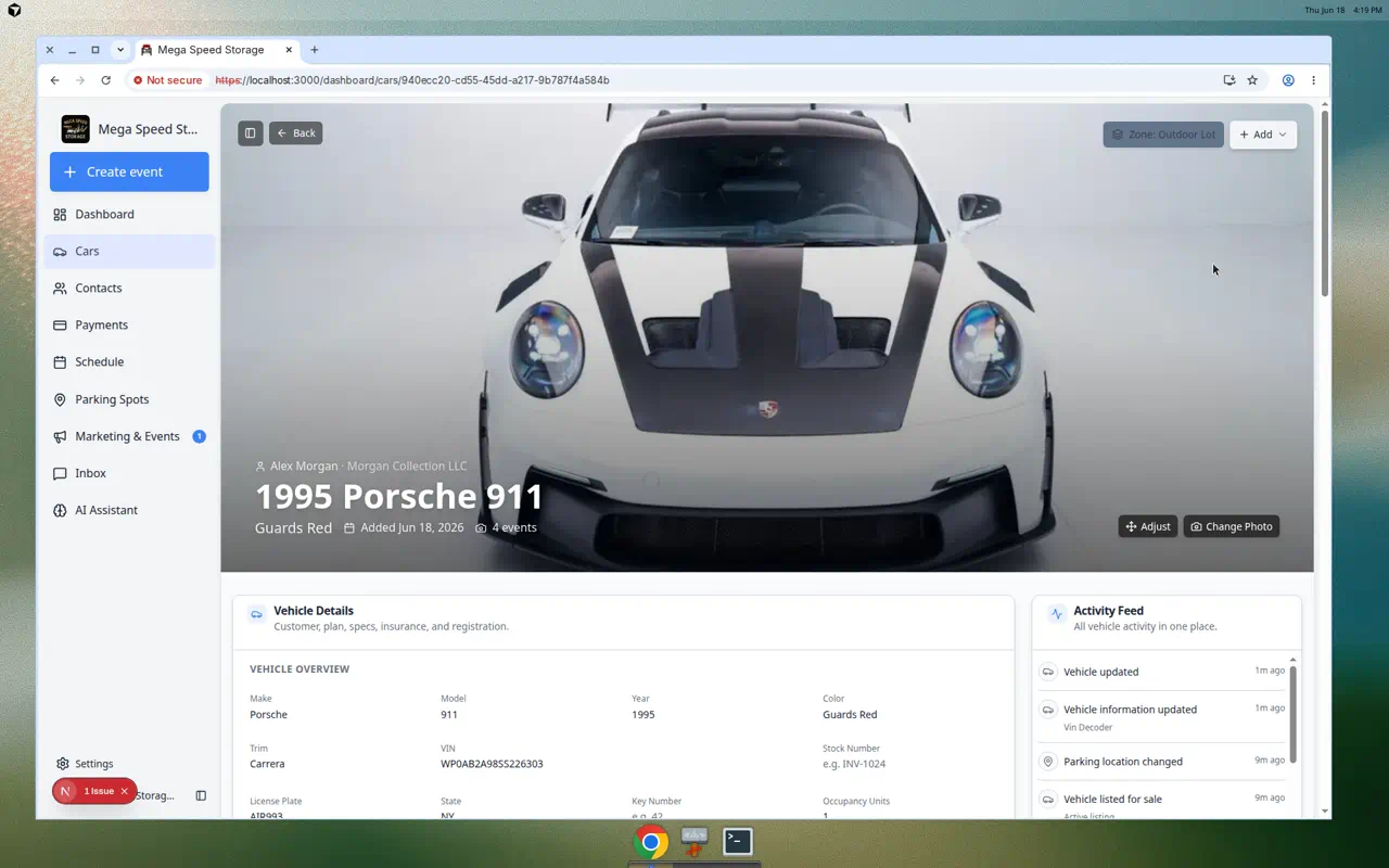 Vehicle Details section showing fields for make, model, year, color, VIN, plate, customer, and service plans