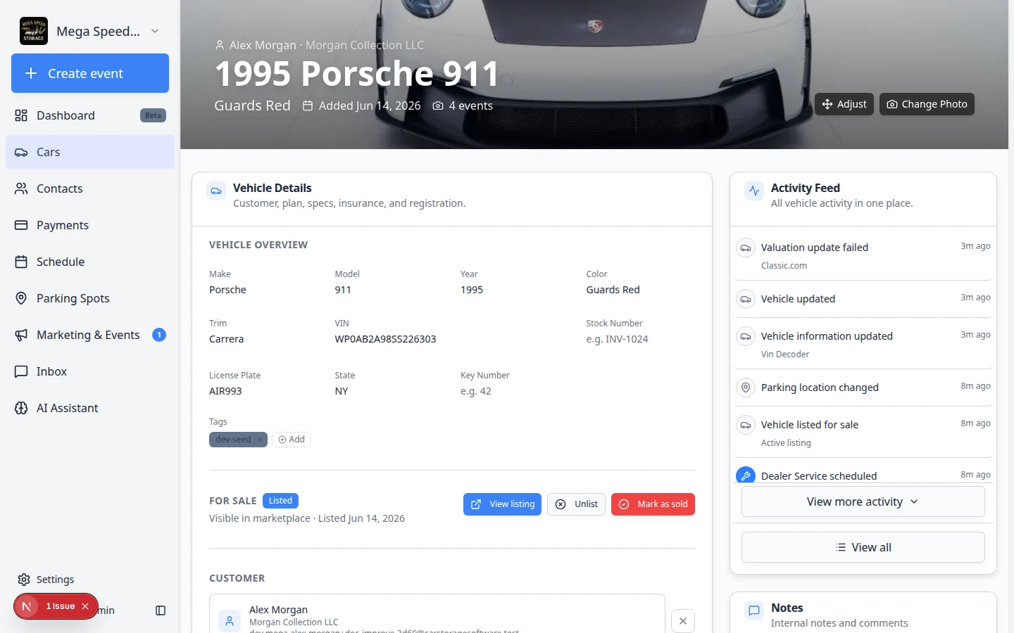 For Sale section on a car record showing listed status and marketplace actions