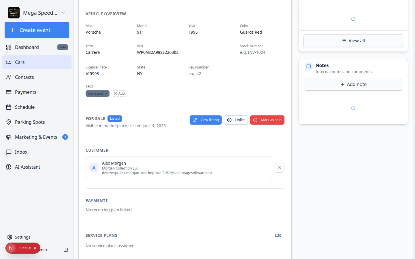 Insurance and Registration sections on a car record with policy and expiration date fields