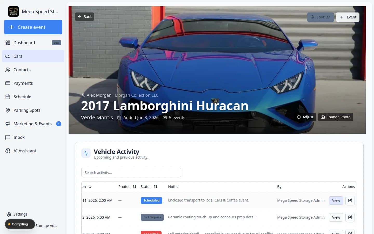 Session detail page for a vehicle event showing workflow progress and options to continue the walkthrough