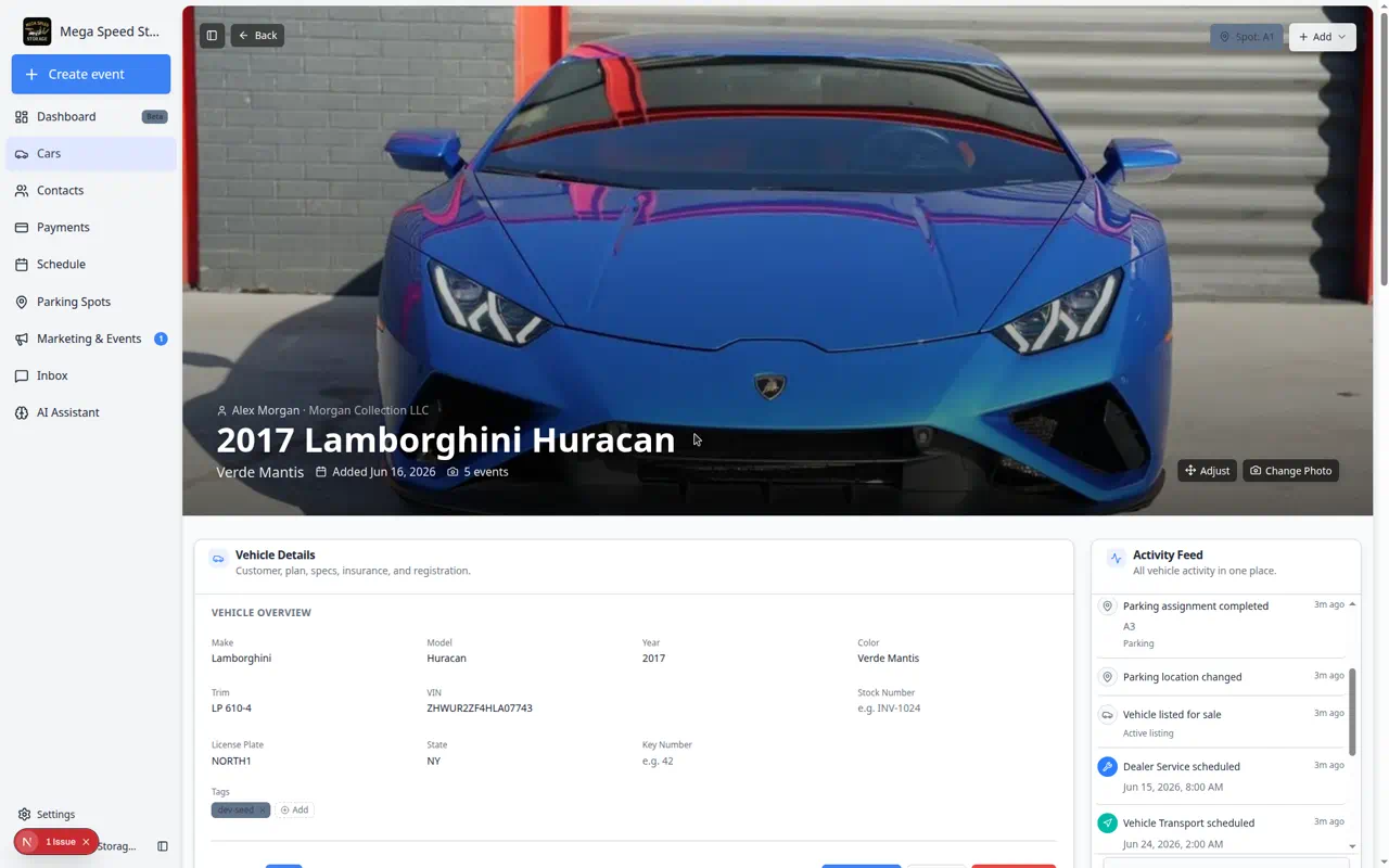 Car detail banner showing vehicle photo with Change Photo button in the top right