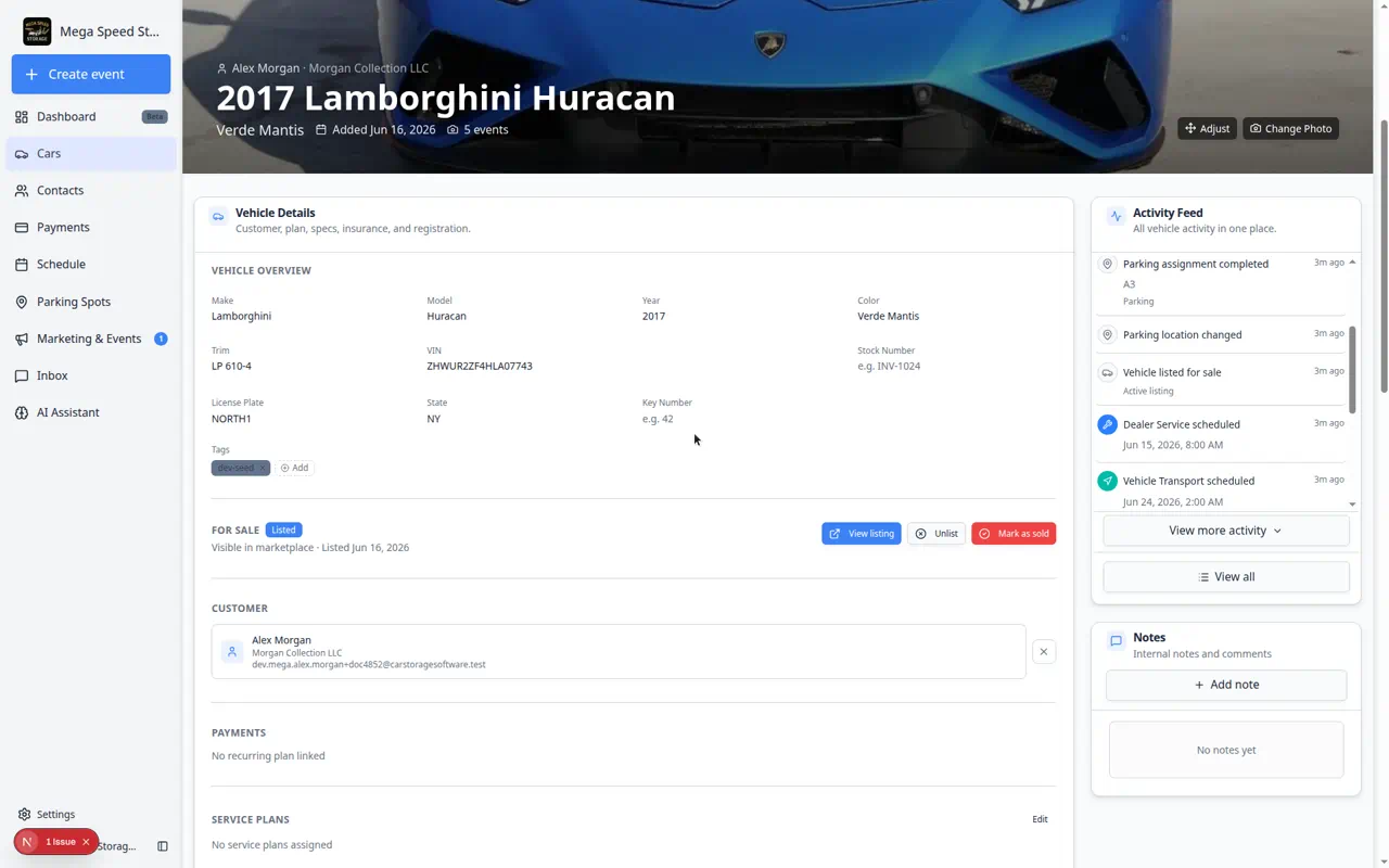 Customer section on a car record showing linked customer name, company, and email after the car was created