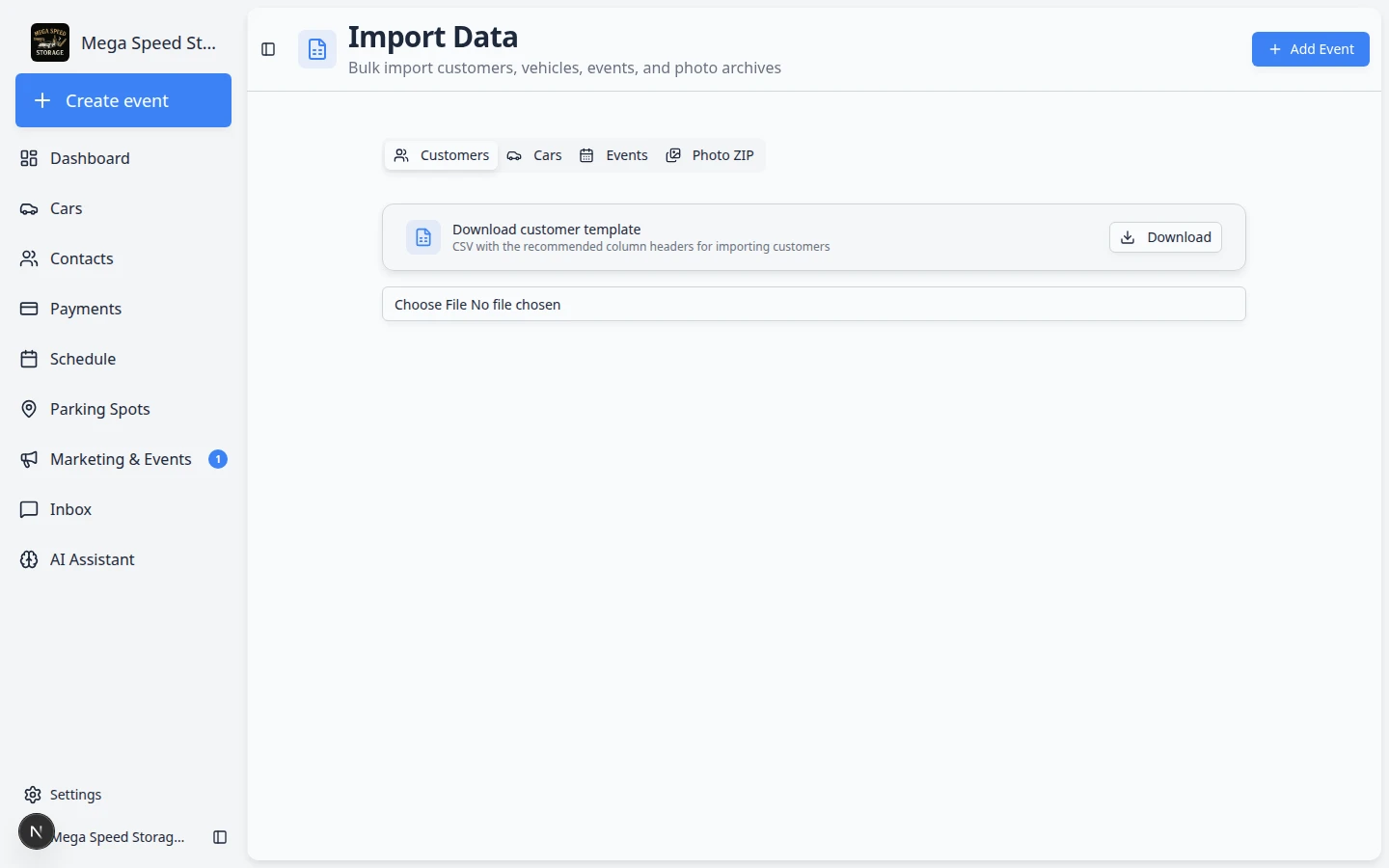 Import Data page showing tabs for Customers, Cars, Events, and Photo ZIP with a download template card