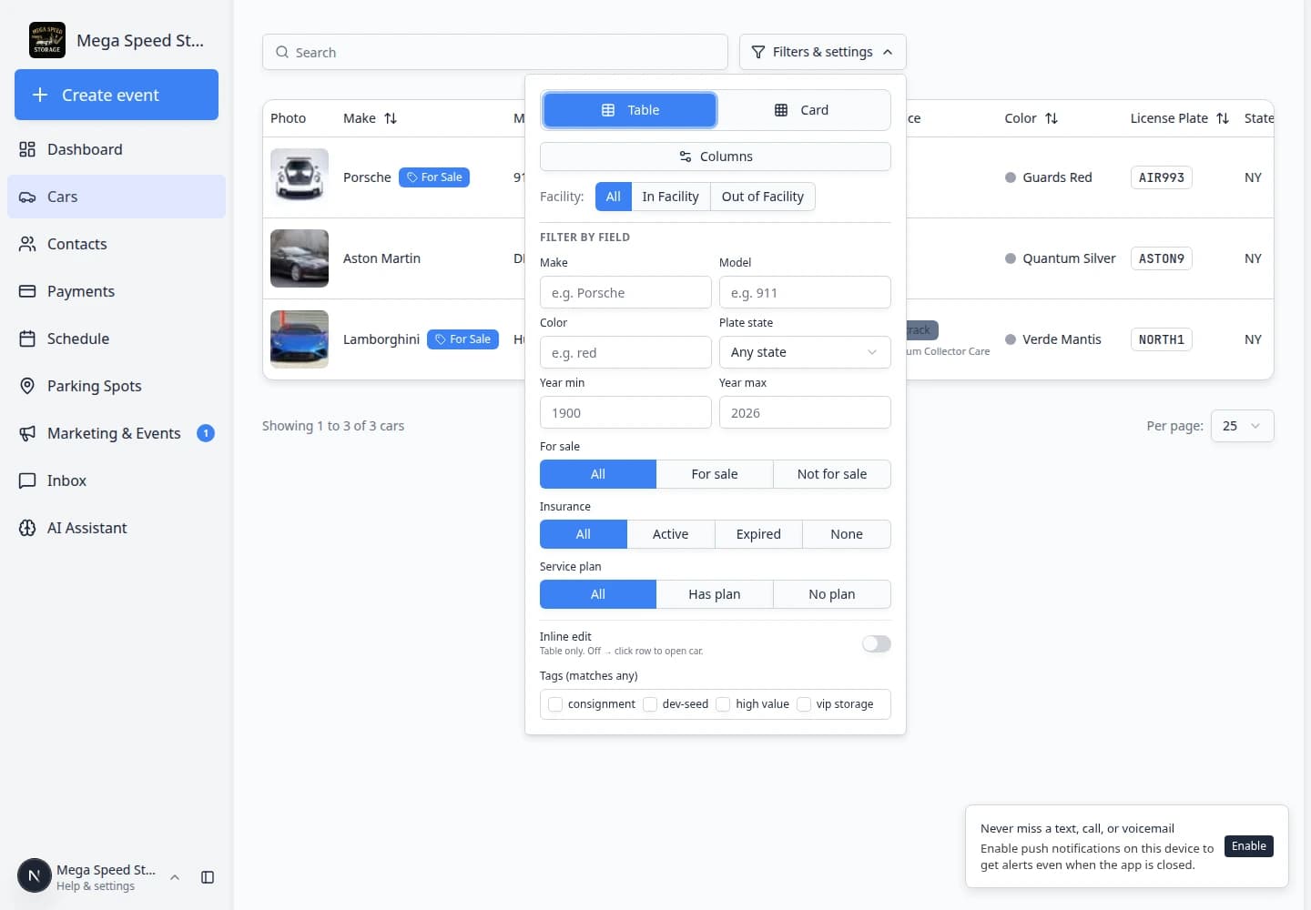 Filters and settings panel on the Cars page with insurance status checkboxes selected